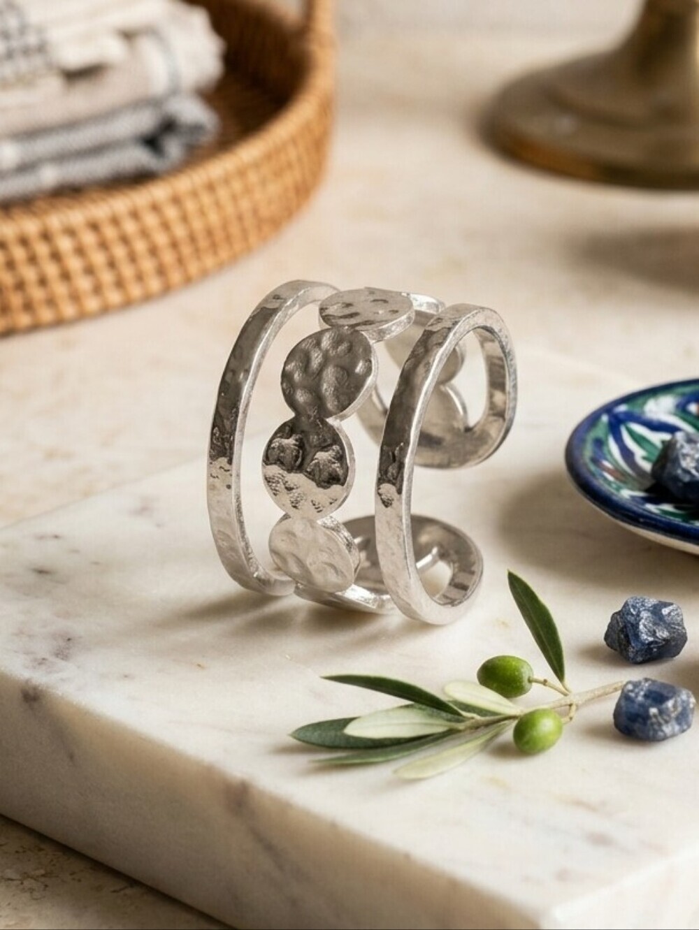 18K White Gold Plated Stainless Steel Hammered Boho Statement Ring Adj 6-9